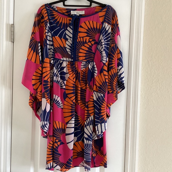 Trina Turk Dress 100% Silk Multicolor Kaftan Tunic Mini Dress Square Tie Neck - Picture 1 of 11